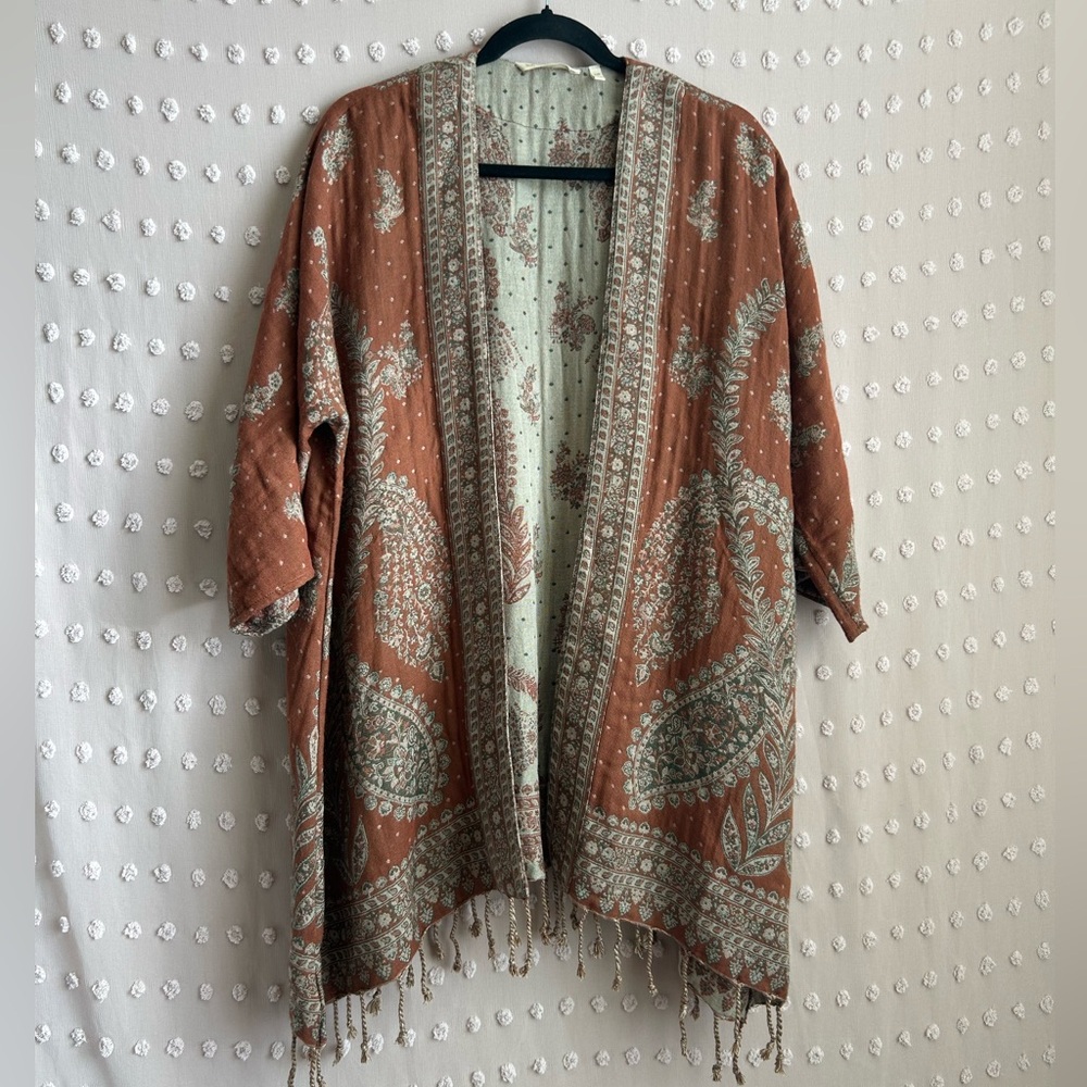 Soft Surroundings Paisley Long Sleeve Fringe Duster Sz S/M Orange Tan